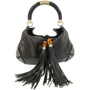 Gucci Black Leather Indy Hobo bag top handle signature bamboo tassel